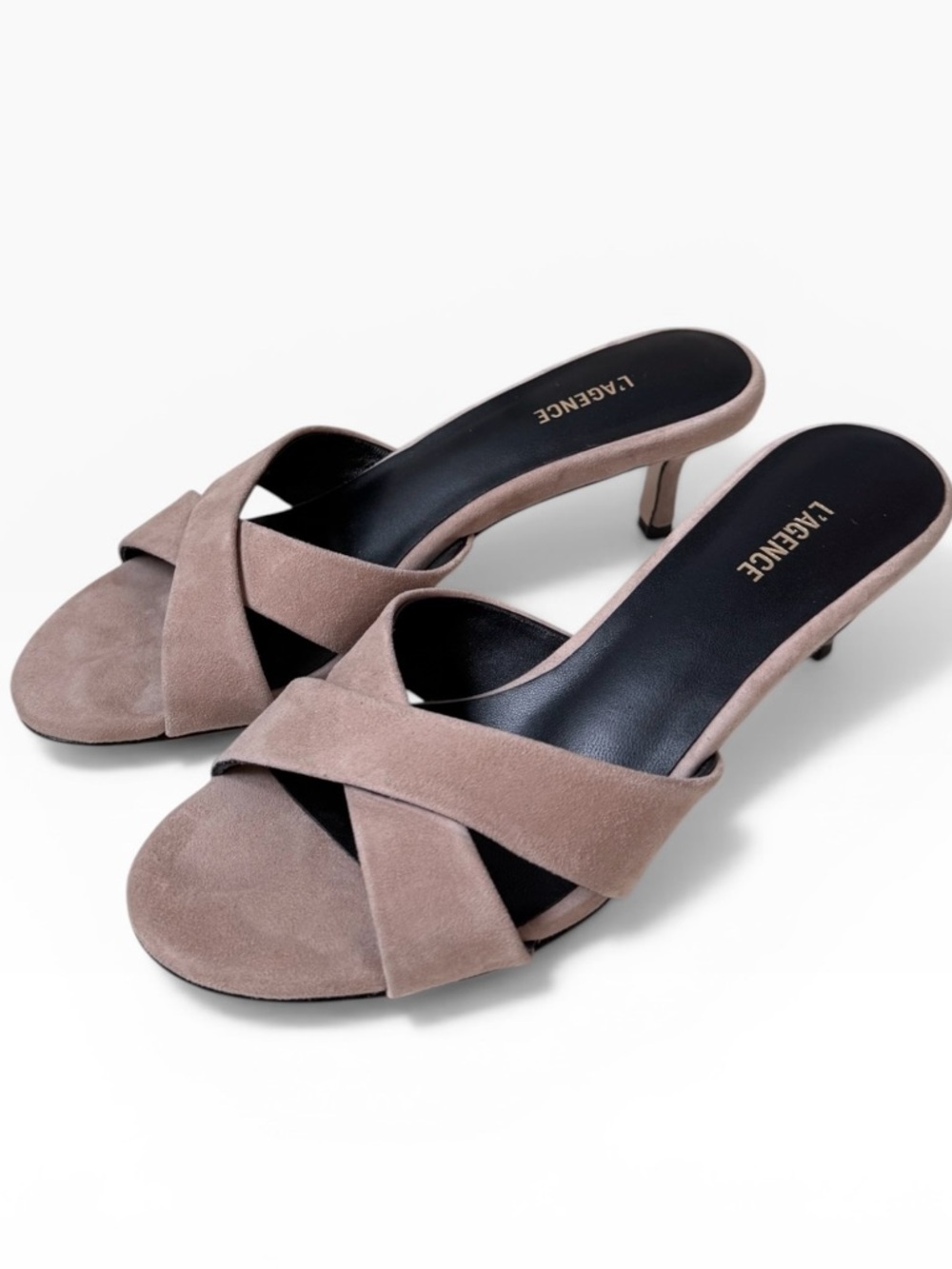 L'AGENCE Aveline Suede Crisscross Kitten Heel Slide Sandal Cappuccino Tan Size 6 - Picture 2 of 12